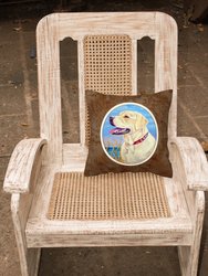 14 in x 14 in Outdoor Throw PillowYellow Labrador at the Beach  Fabric Decorative Pillow