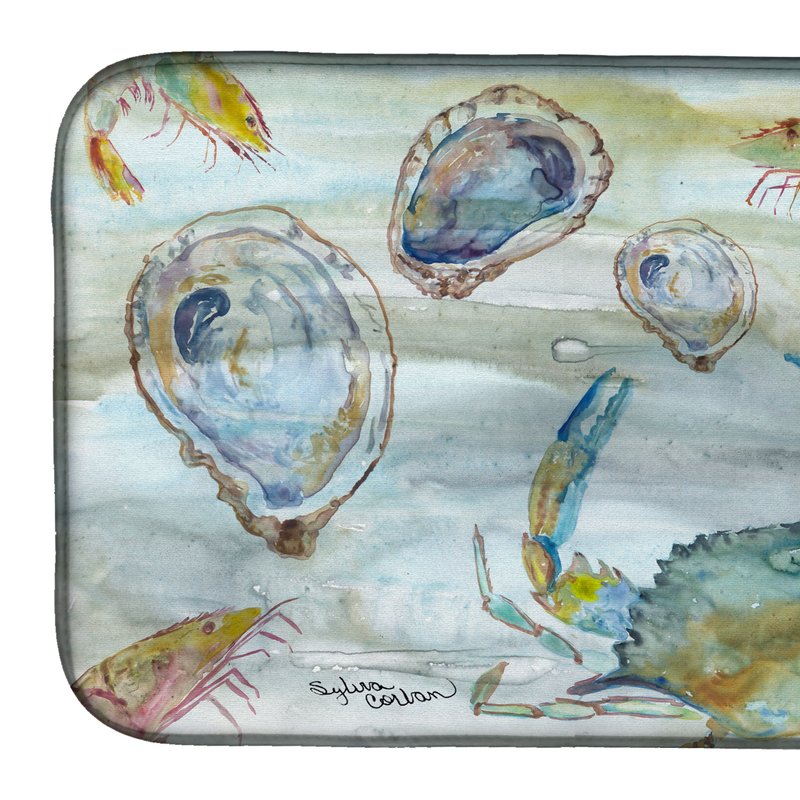 Caroline's Treasures 14 In X 21 In Crab, Shrimp And Oyster Watercolor Dish Drying Mat