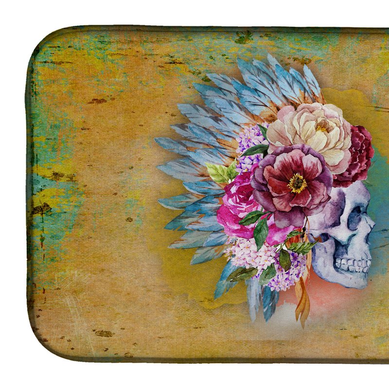 Caroline's Treasures 14 In X 21 In Day Of The Dead Flowers Skull Dish Drying Mat In Brown
