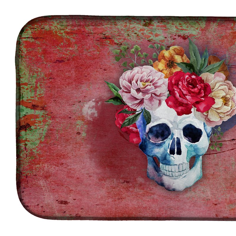 Caroline's Treasures 14 In X 21 In Day Of The Dead Red Flowers Skull Dish Drying Mat