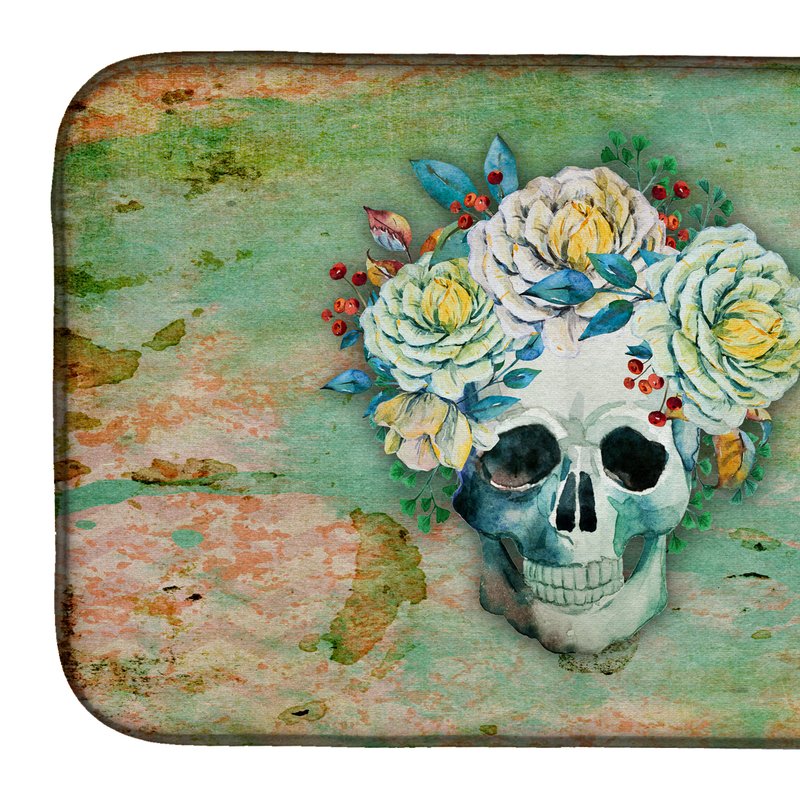 Caroline's Treasures 14 In X 21 In Day Of The Dead Skull With Flowers Dish Drying Mat In Brown