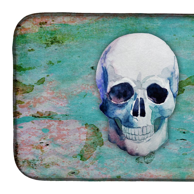 Caroline's Treasures 14 In X 21 In Day Of The Dead Teal Skull Dish Drying Mat In Pink