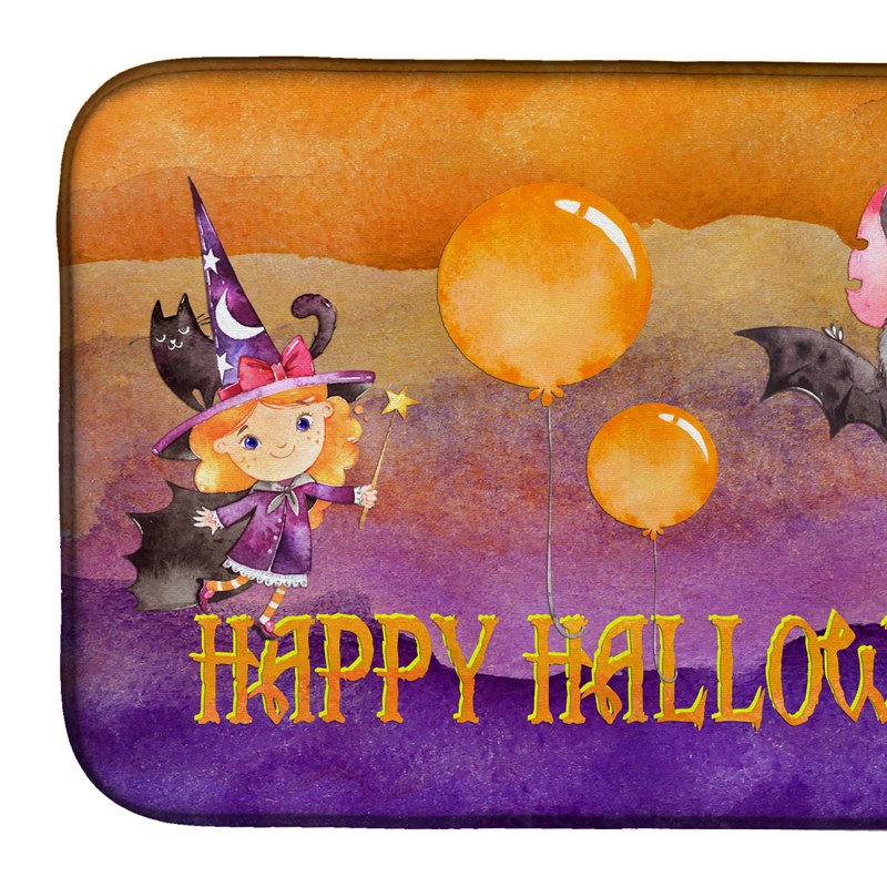 Caroline's Treasures 14 In X 21 In Halloween Little Witch And Bat Dish Drying Mat In Orange