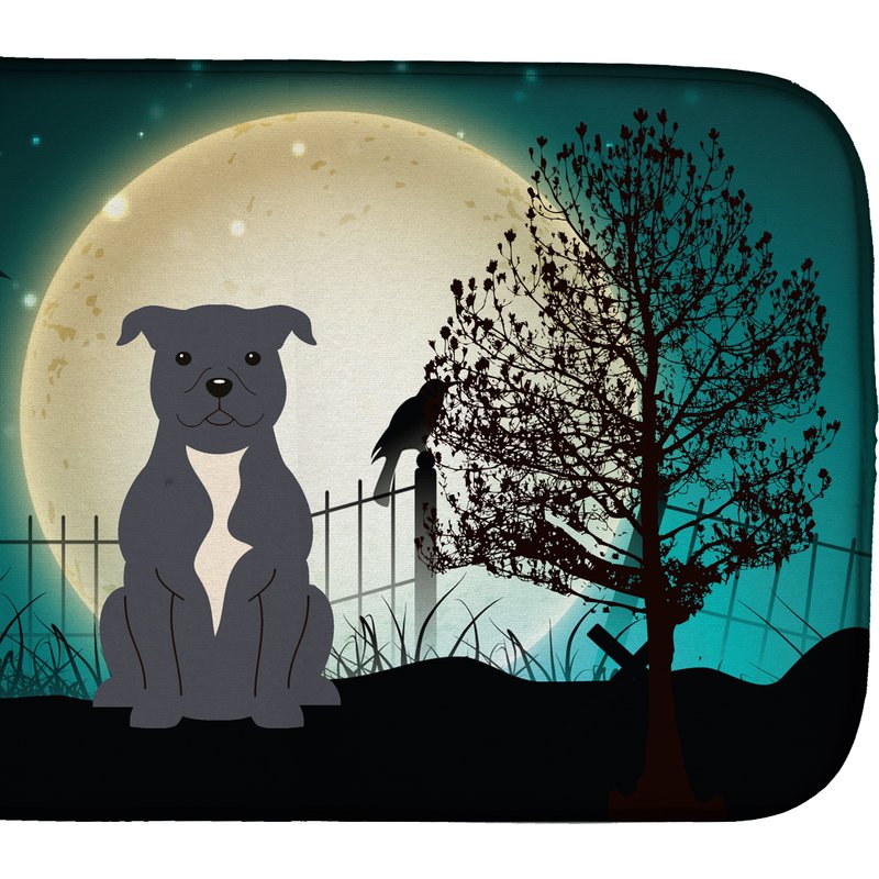 Caroline's Treasures 14 In X 21 In Halloween Scary Staffordshire Bull Terrier Blue Dish Drying Mat