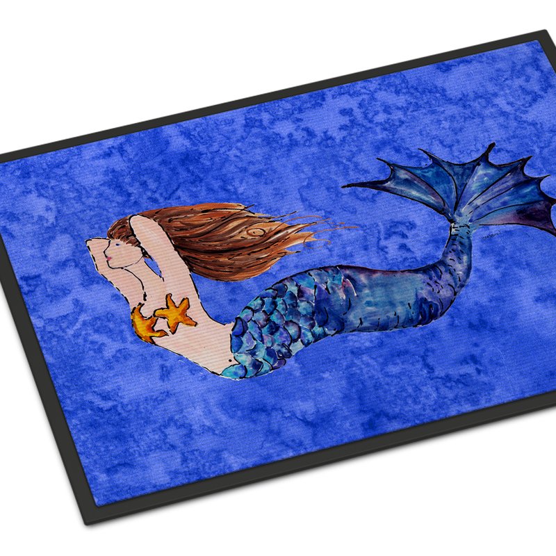 Caroline's Treasures 24 In X 36 In Brunette Mermaid On Blue Door Mat Indoor/outdoor