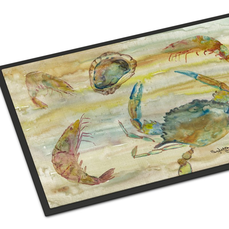 Caroline's Treasures 24 In X 36 In Crab, Shrimp, Oyster Yellow Sky Door Mat Indoor/outdoor