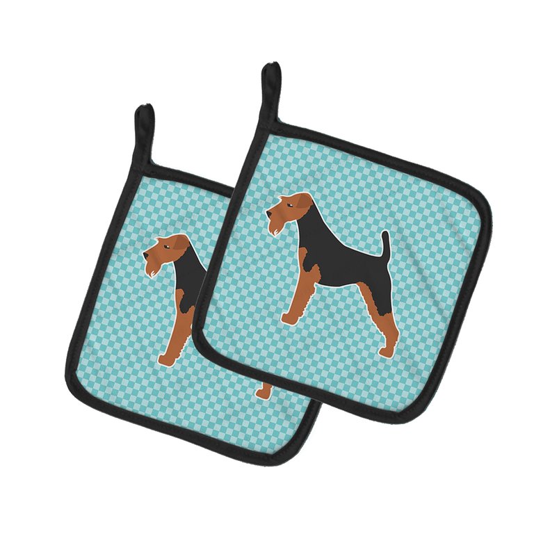 Airedale Terrier Checkerboard Blue Pair of Pot Holders