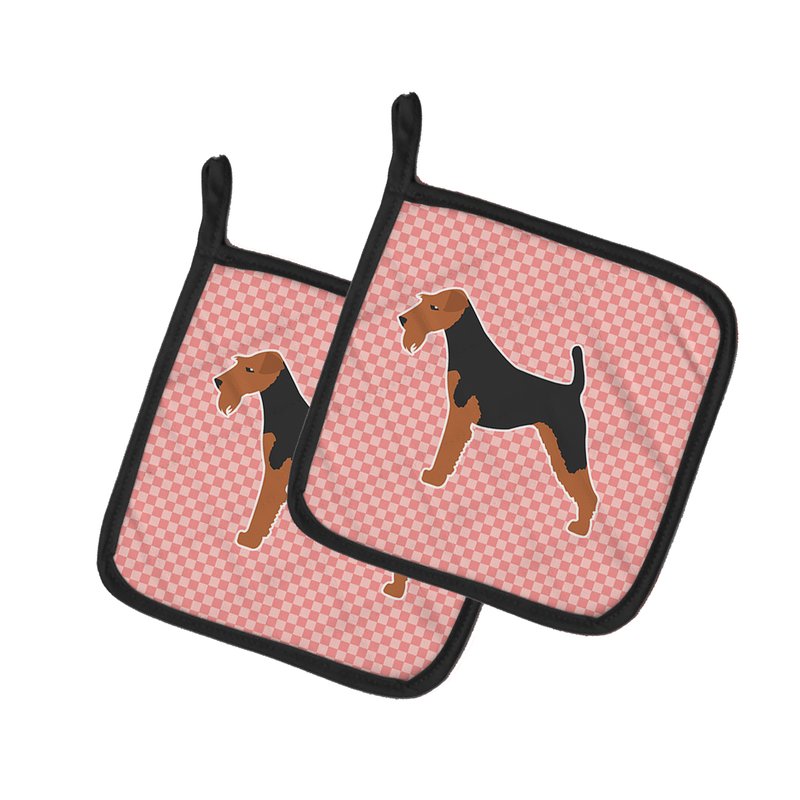 Caroline's Treasures Airedale Terrier Checkerboard Pink Pair Of Pot Holders