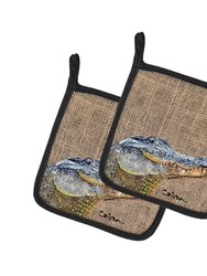 Alligator  on Faux Burlap Pair of Pot Holders
