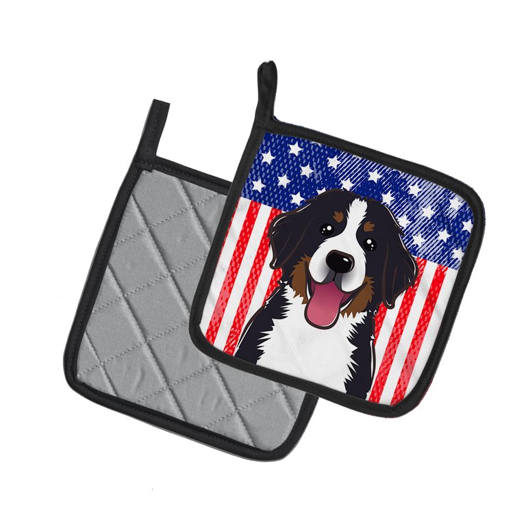 American Flag and Bernese Mountain Dog Pair of Pot Holders