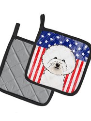 American Flag and Bichon Frise Pair of Pot Holders