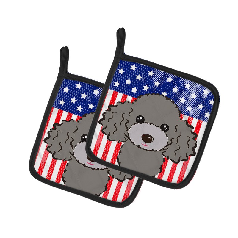 Caroline's Treasures American Flag And Silver Gray Poodle Pair Of Pot Holders In Multi