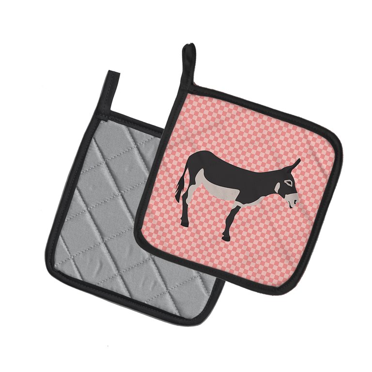 American Mammoth Jack Donkey Pink Check Pair of Pot Holders