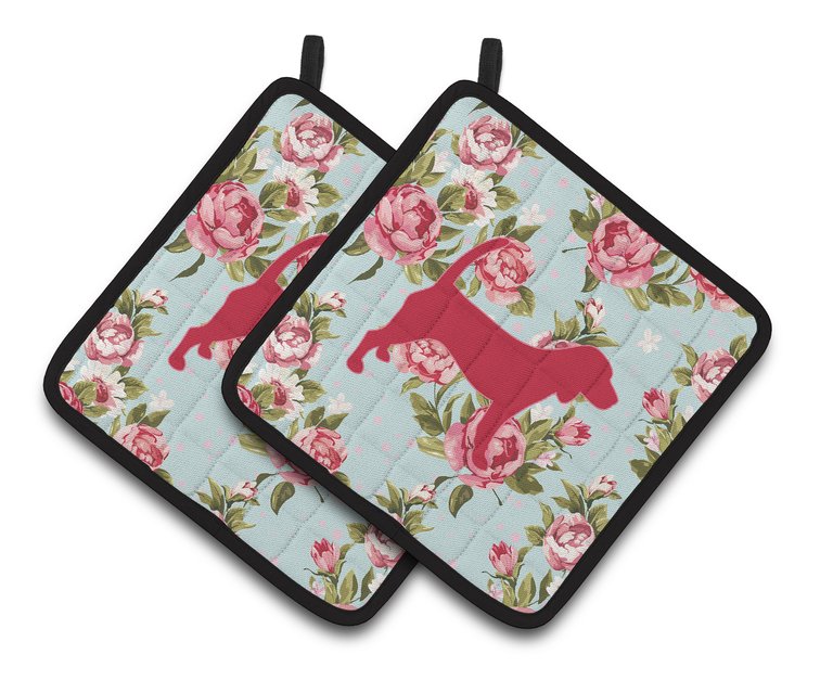 Beagle Shabby Chic Blue Roses BB1087 Pair of Pot Holders