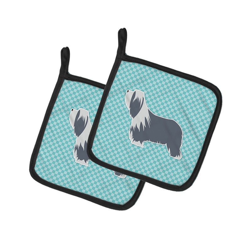Bearded Collie Checkerboard Blue Pair of Pot Holders