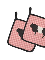 Belted Galloway Cow Pink Check Pair of Pot Holders