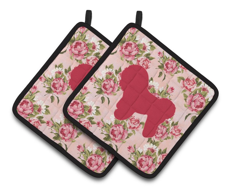 Bichon Frise Shabby Chic Pink Roses  Pair of Pot Holders