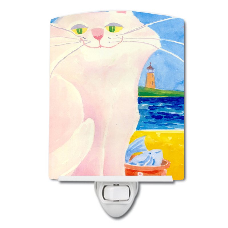Caroline's Treasures Big White Cat At The Beach Ceramic Night Light In Pink