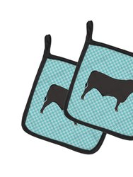 Black Angus Cow Blue Check Pair of Pot Holders