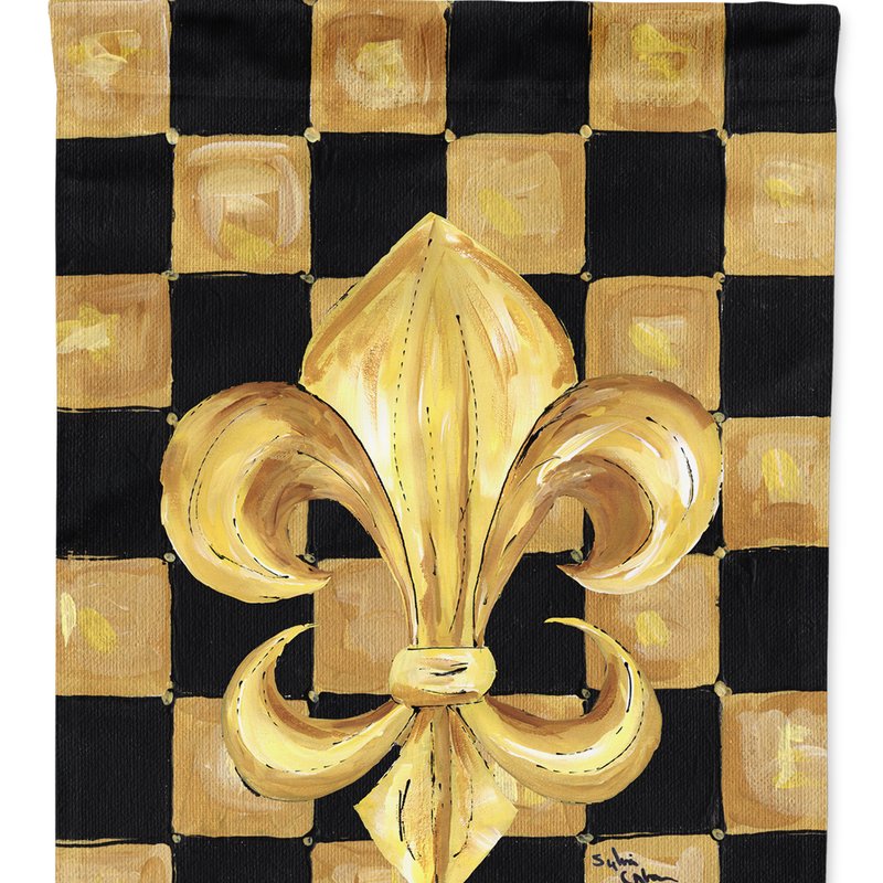 Caroline's Treasures Black Gold Checkered Flag Fleur De Lis Garden Flag 2-sided 2-ply