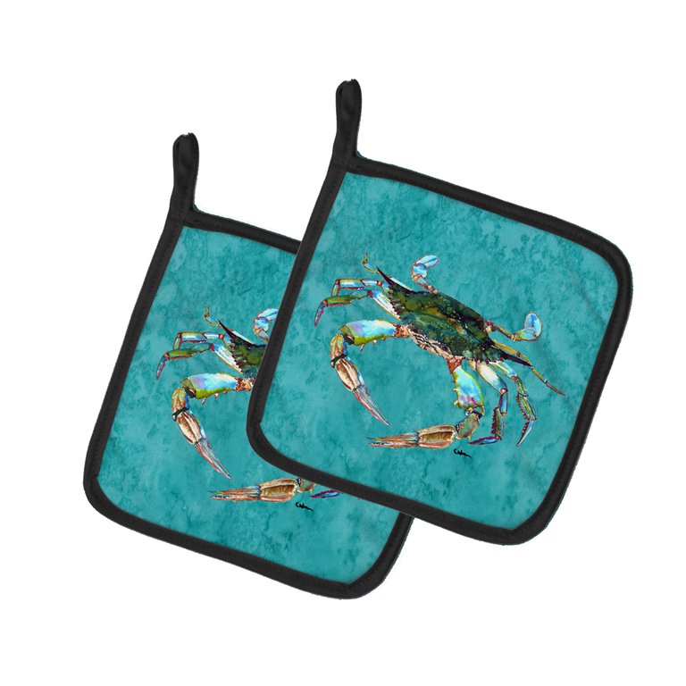Blue Crab on Teal Pair of Pot Holders