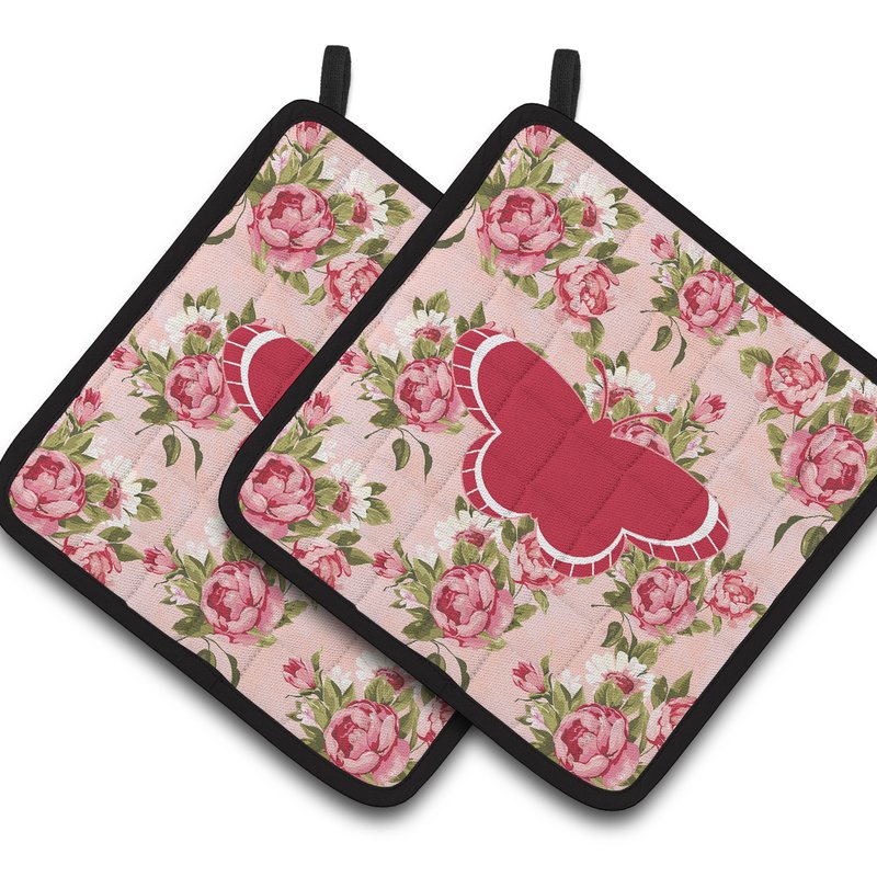 Caroline's Treasures Butterfly Shabby Chic Pink Roses Pair Of Pot Holders In Multi