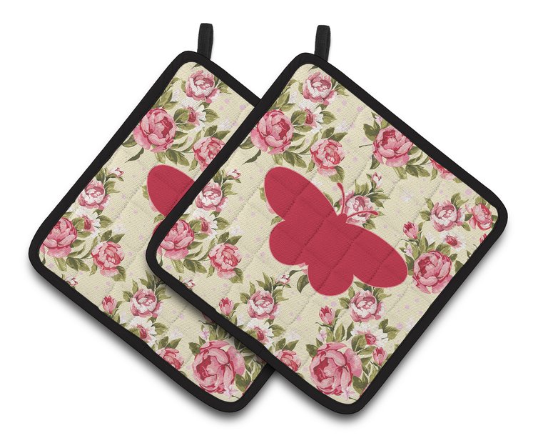 Butterfly Shabby Chic Yellow Roses  Pair of Pot Holders