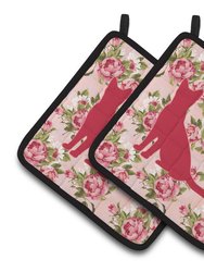 Cat Shabby Chic Pink Roses  Pair of Pot Holders