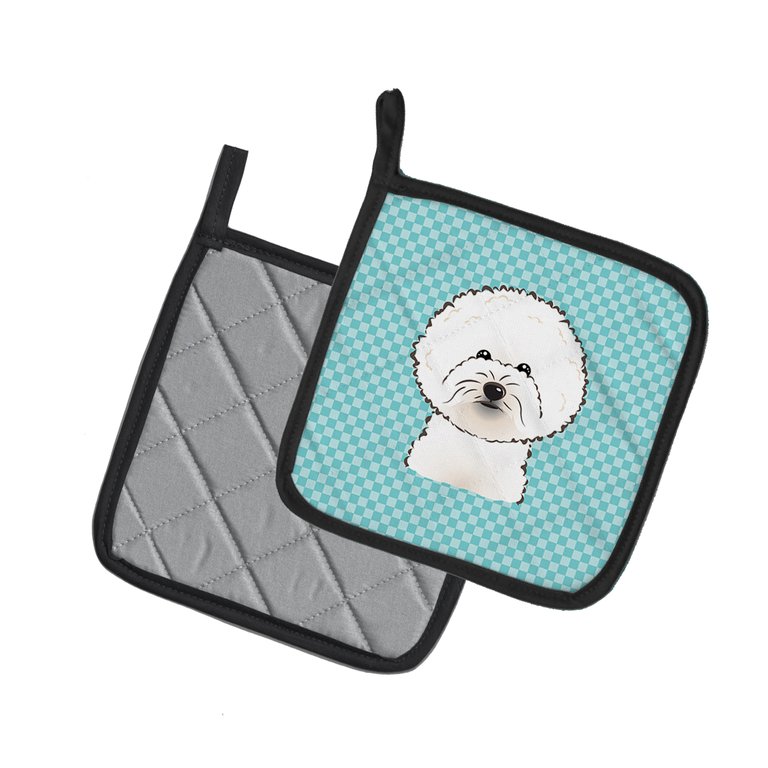 Checkerboard Blue Bichon Frise Pair of Pot Holders