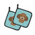 Checkerboard Blue Chocolate Brown Poodle Pair of Pot Holders