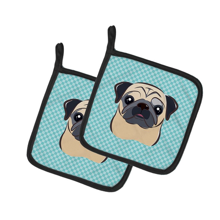 Checkerboard Blue Fawn Pug Pair of Pot Holders