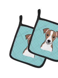 Checkerboard Blue Jack Russell Terrier Pair of Pot Holders