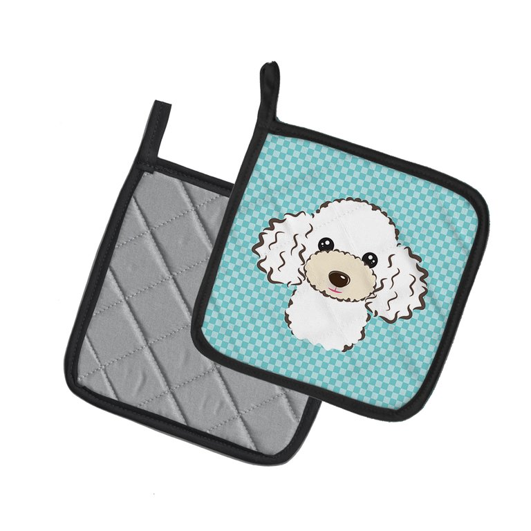 Checkerboard Blue White Poodle Pair of Pot Holders
