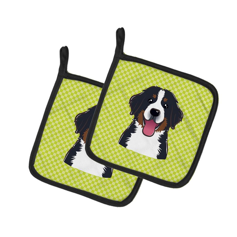 Checkerboard Lime Green Bernese Mountain Dog Pair of Pot Holders