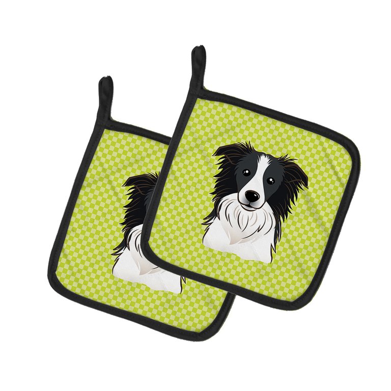 Checkerboard Lime Green Border Collie Pair of Pot Holders