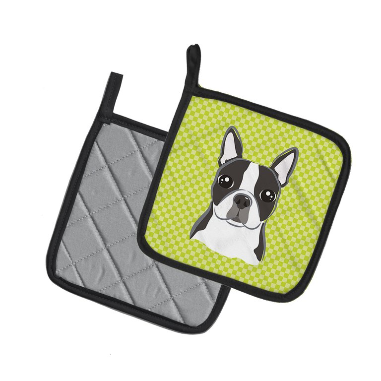 Checkerboard Lime Green Boston Terrier Pair of Pot Holders