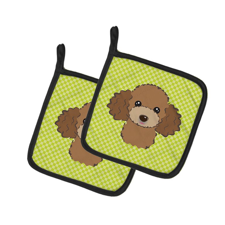 Checkerboard Lime Green Chocolate Brown Poodle Pair of Pot Holders