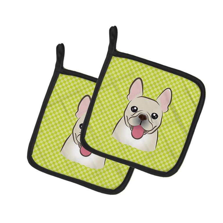 Checkerboard Lime Green French Bulldog Pair of Pot Holders