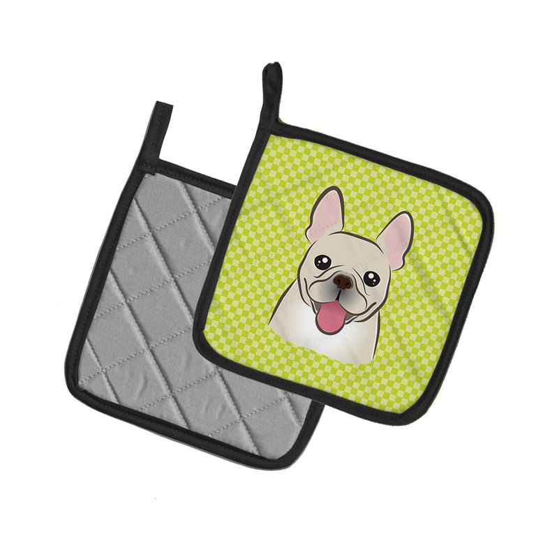 Checkerboard Lime Green French Bulldog Pair of Pot Holders