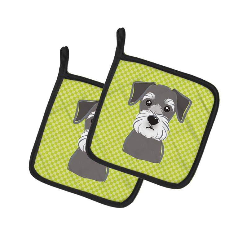 Checkerboard Lime Green Schnauzer Pair of Pot Holders