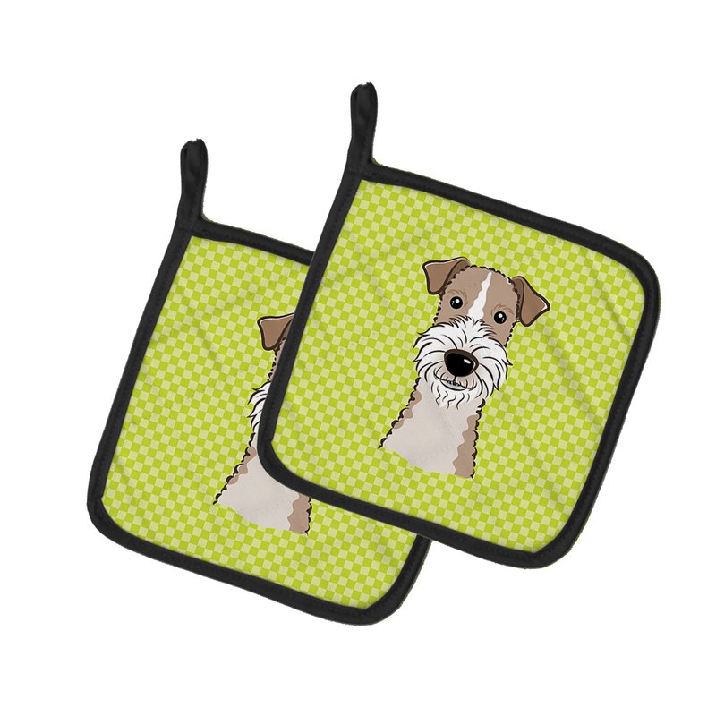 Caroline's Treasures Checkerboard Lime Green Wire Haired Fox Terrier Pair Of Pot Holders