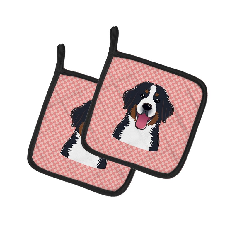 Checkerboard Pink Bernese Mountain Dog Pair of Pot Holders