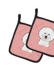 Checkerboard Pink Bichon Frise Pair of Pot Holders