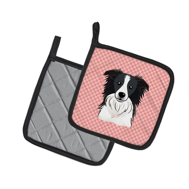 Checkerboard Pink Border Collie Pair of Pot Holders