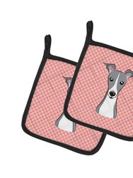 Checkerboard Pink Italian Greyhound Pair of Pot Holders