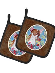 Chihuahua in flowers  Pair of Pot Holders