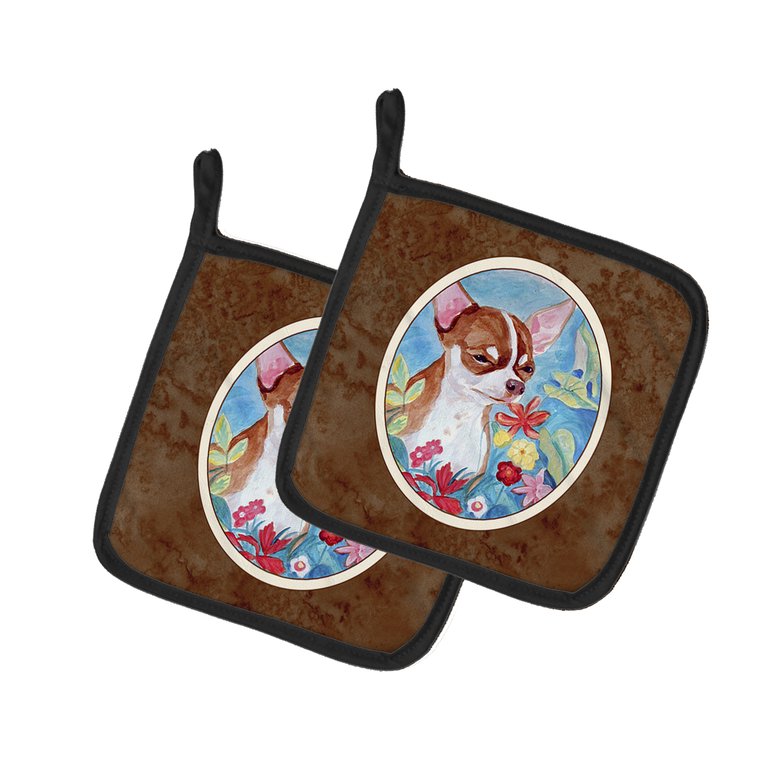 Chihuahua in flowers  Pair of Pot Holders