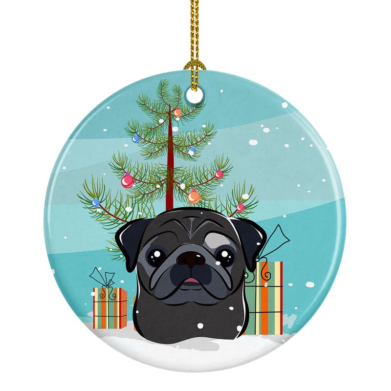 Caroline's Treasures Christmas Tree And Black Pug Ceramic Ornament In Blue