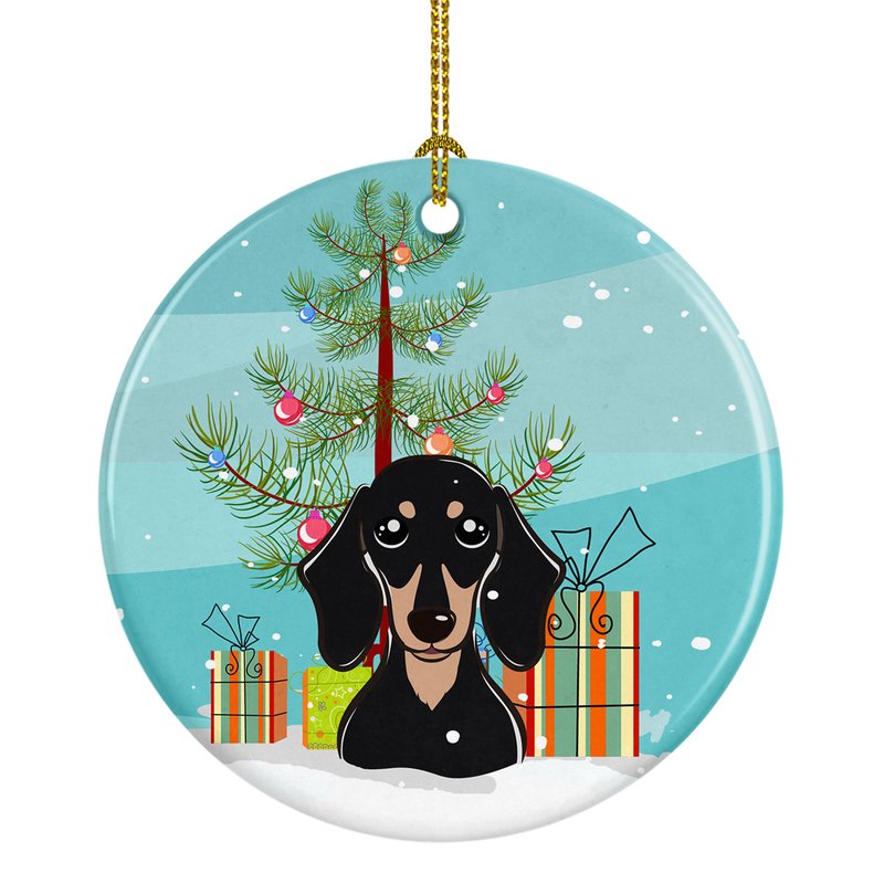 Caroline's Treasures Christmas Tree And Smooth Black And Tan Dachshund Ceramic Ornament In Multi
