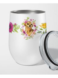 CK4128TBL12 12 Oz Chihuahua No.1 Pink Flowers Stainless Steel Stemless Wine Glass